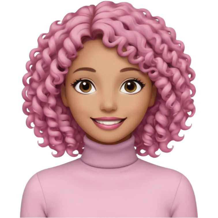 a woman with white long sleeve turtle neck top and smile, her hair is long curly and the color is black, her eyes color are black and the color of her lip is soft pink emoji