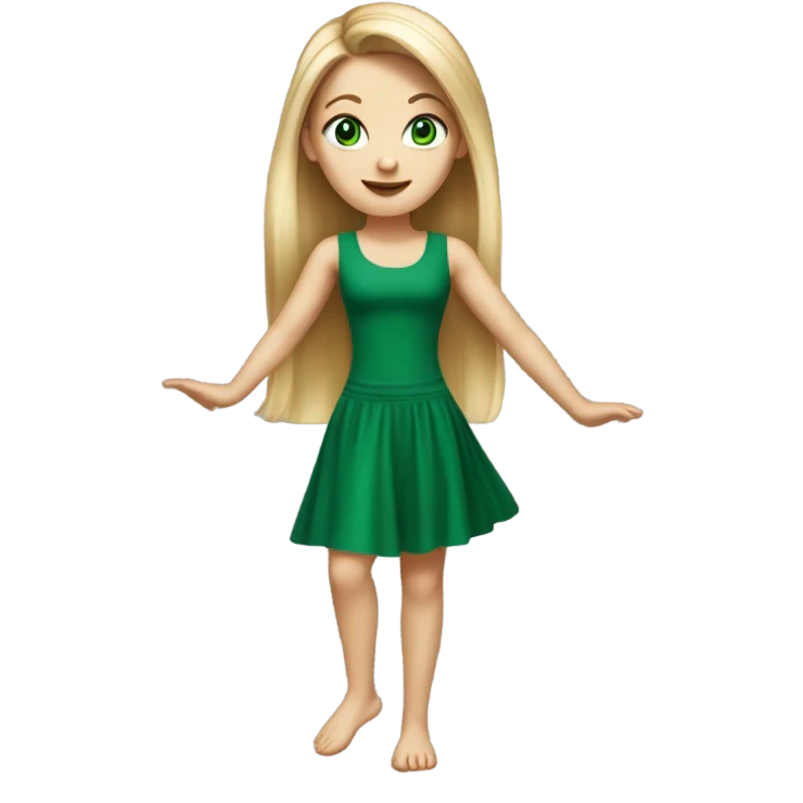 Realistic White girl with Long straight blonde hair, green eyes, tattoos, full body wearing green dress, dancing emoji