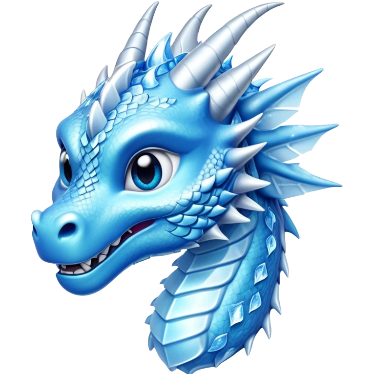 Cinematic Cute Beautiful Ice Dragon Portrait Emoji, Head tilted playfully and inquisitively, featuring a sleek, glacial form with intricately detailed, frost-kissed scales in shimmering blues and sparkling silver, accented by delicate ice crystal patterns and a gentle, enchanting glow; rendered with lifelike clarity and soft, natural light, high shine, charming and cool, styled with a touch of wintry fantasy, soft glowing outline, capturing the essence of a mischievous yet endearing ice guardian poised to twirl playfully into your dreams! emoji