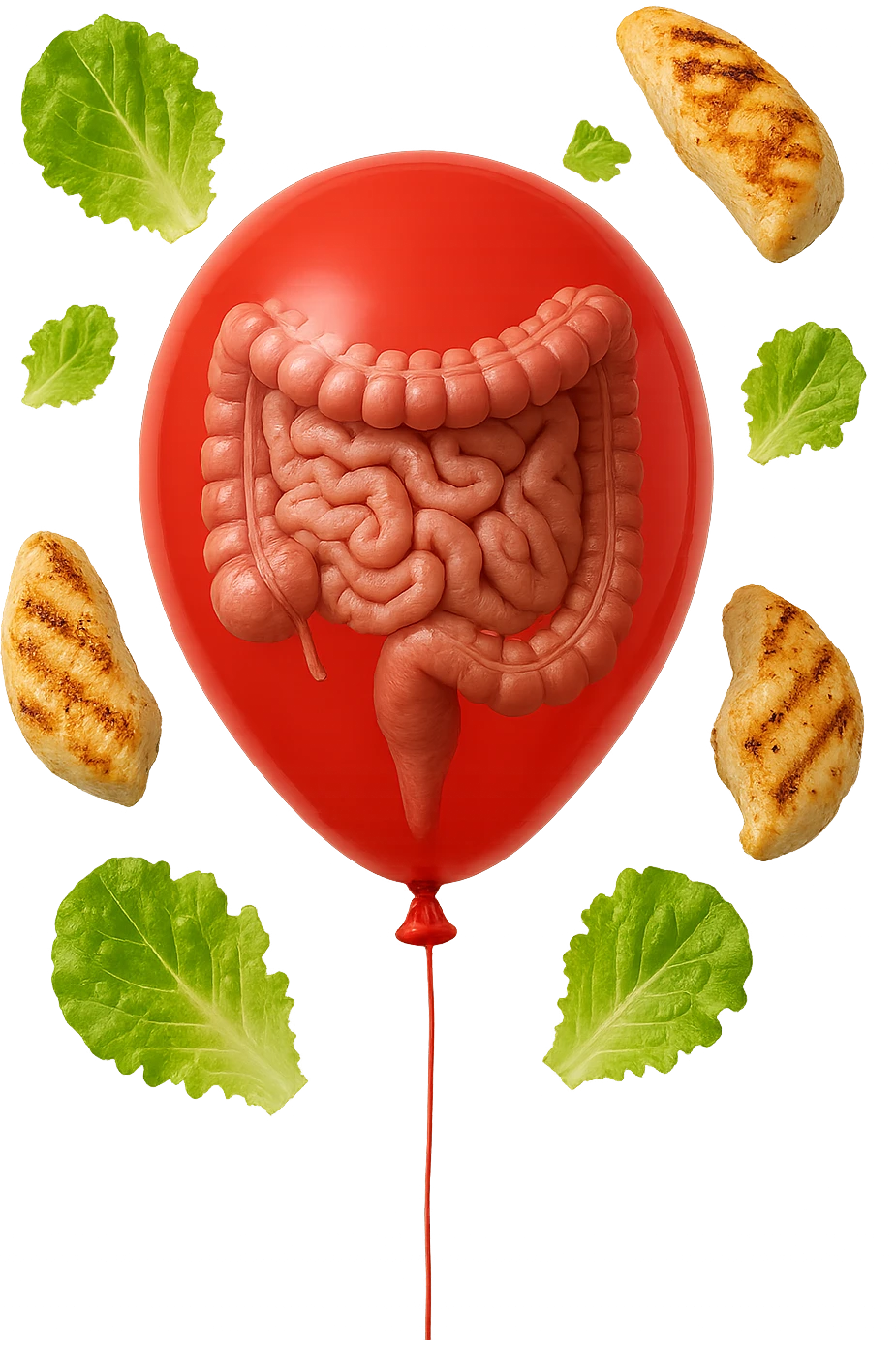 intestino anatomico realistico chiuso in un palloncino rosso e foglie di insalata e petto di pollo grigliato che fluttuano intorno emoji