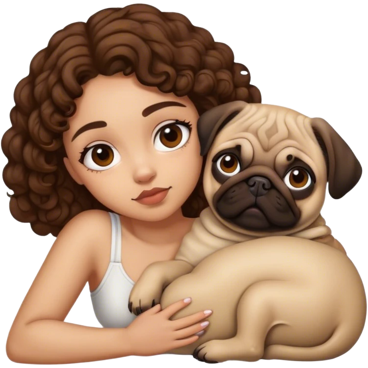 Light skin girl brown curls laying with pug emoji