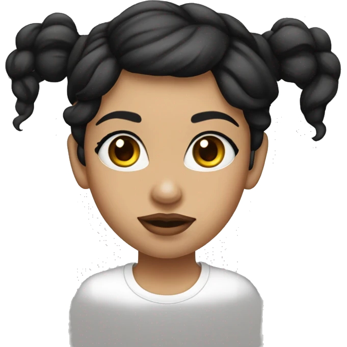 A girl with long wavy black hair, thick eyebrows, long eye lashes with white skin and pick lips. Wearing a white tshirt emoji
