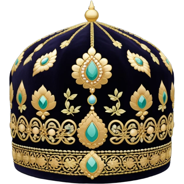 Bukhara style doppa hat with small detailed gold embroidery on dark background emoji