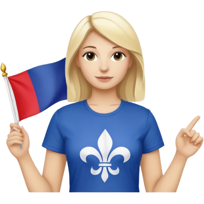 White woman with blonde hair holding a French flag in hand with a fleur-de-lily t-shirt emoji