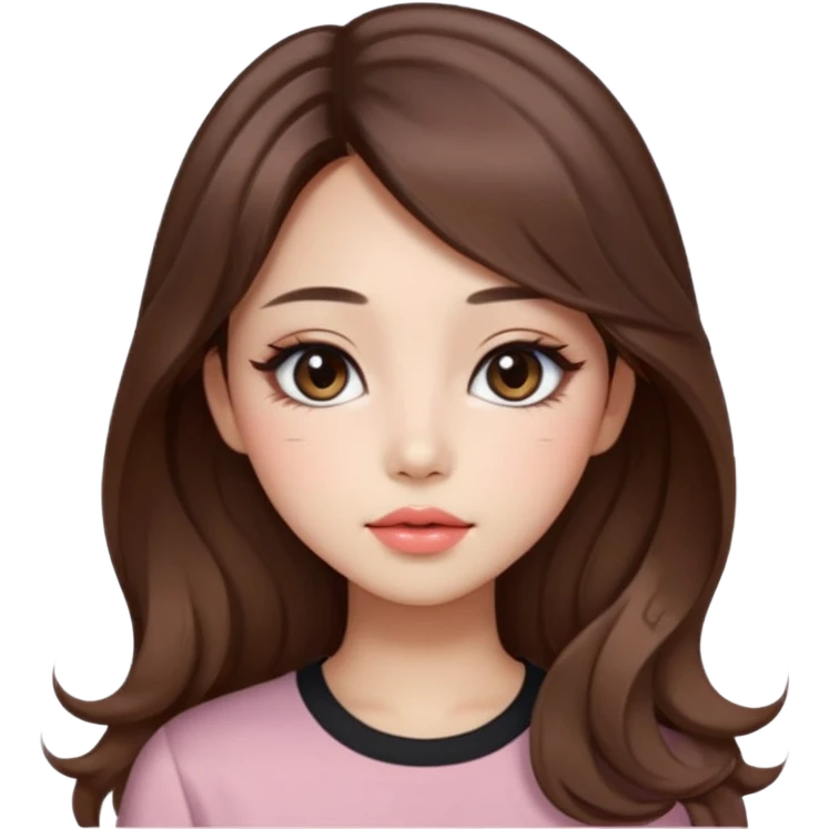 “korean straight brown hair Emoji girl, soft eyeliner and blush, gradient lips, light brown shimmer eyeshadow, long wavy hair,  emoji