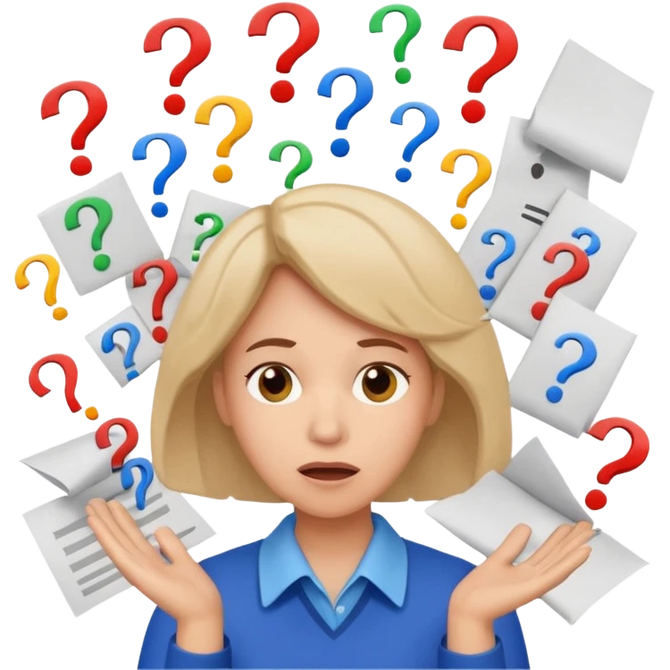A kindergardenteacher with an overwhelmed expression, surrounded by flying papers and question marks. emoji