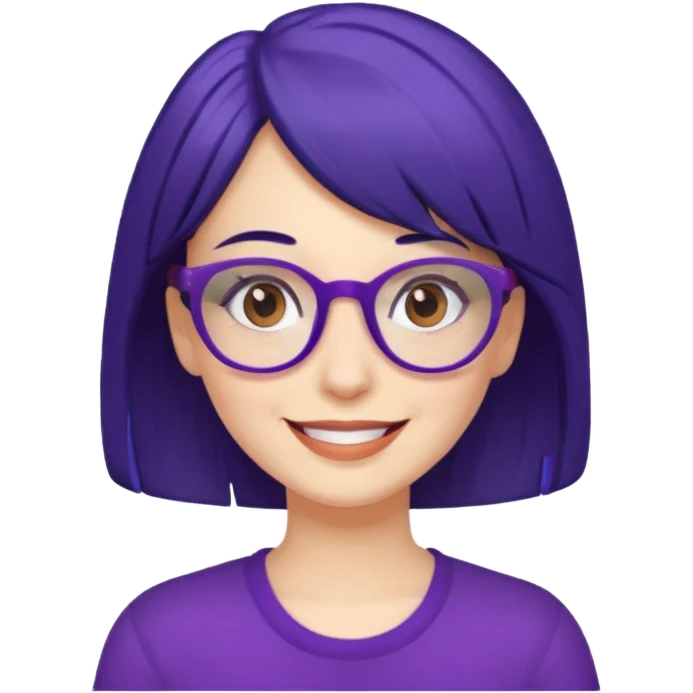 Cartoon adult woman with purple glasses, brown eyes, and dark blue medium length hair emoji
