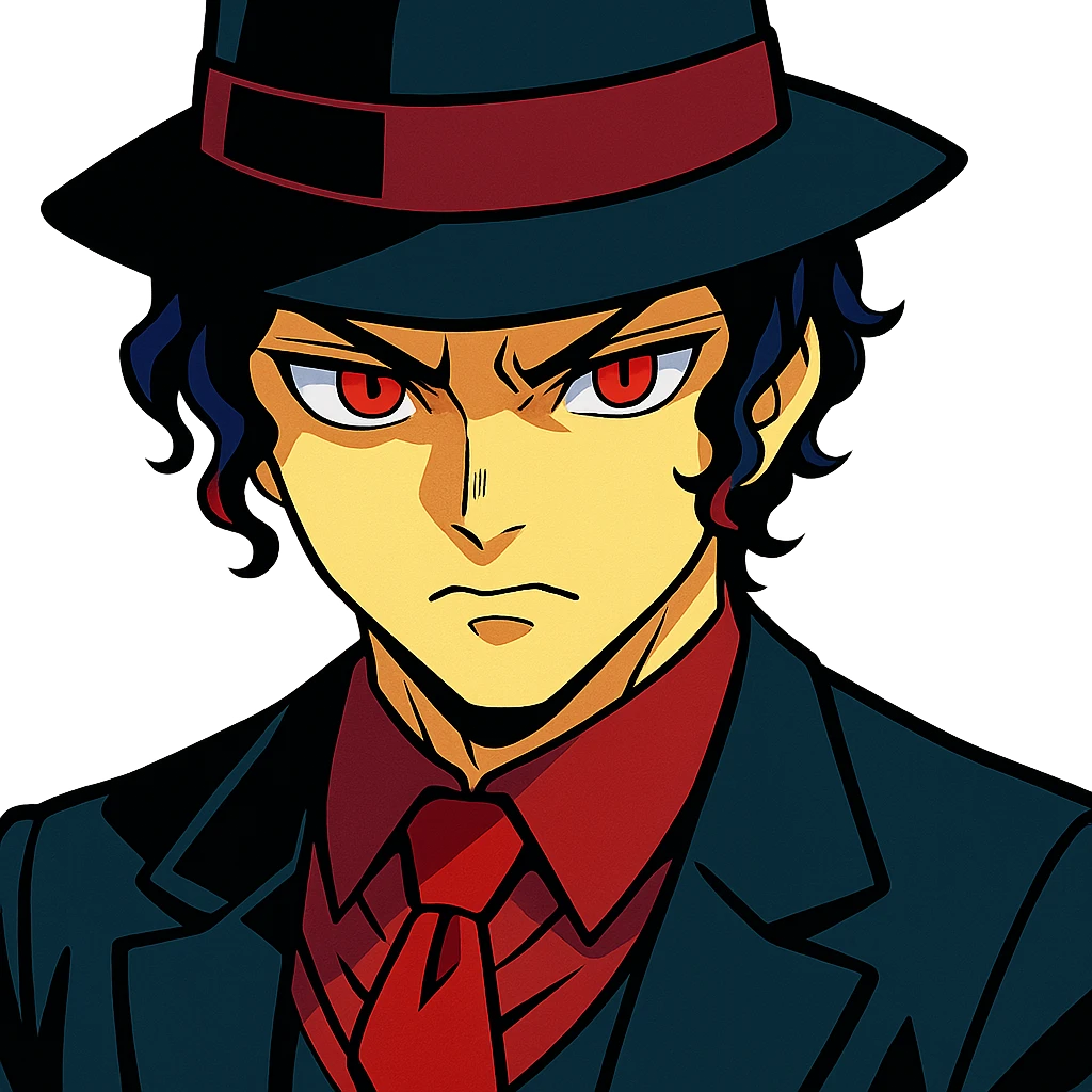 Muzan Kibutsuji from Demon Slayer, vibrant anime style, pale skin, black fedora, red eyes, menacing look emoji