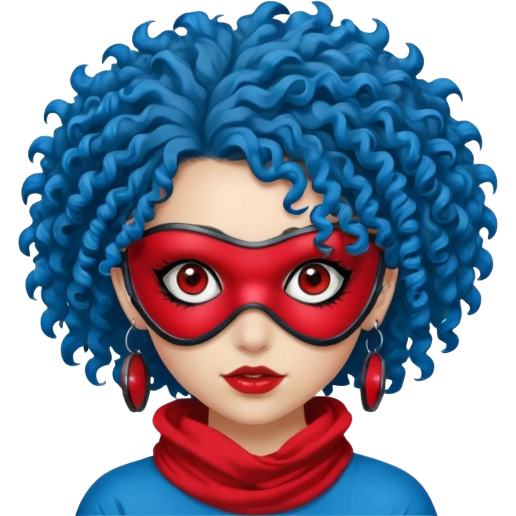 blue curly haired girl with huge earrings, wearing red paintball eye mask , only face  emoji