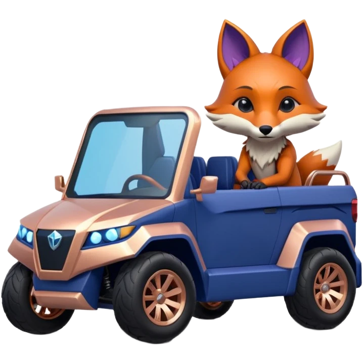 dark crystal blueberry and rosegold-accented cyber truck style-faceted-body electric racing car driven by a small cute but relaxed fox with rear spoiler, roll bar, and wheely bar emoji
