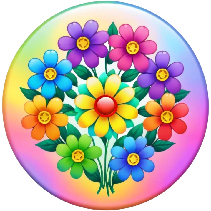 A round psychedelic colored button with rainbow colored flowers in the center emoji
