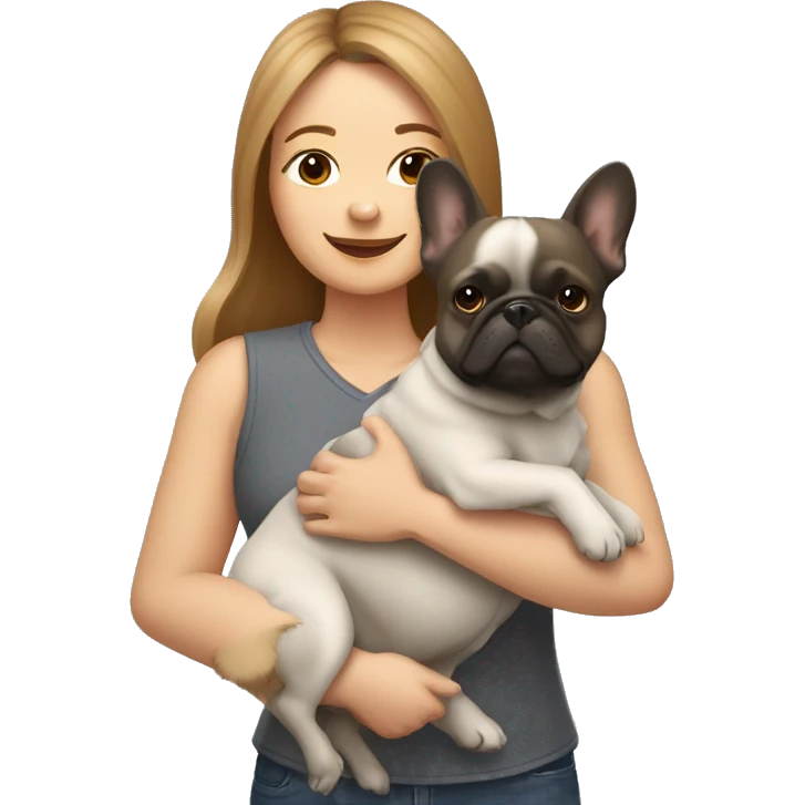 light brown hair woman hugging two dogs: a pomeranian and a dark gray french bulldog emoji