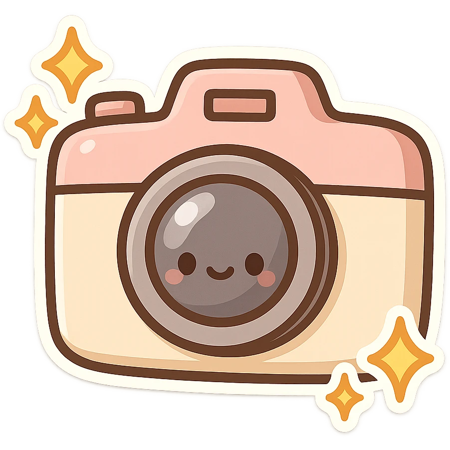 chibi sticker-style camera with sparkles, cute and exaggerated emoji