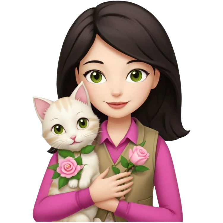 Make me an iphone avatar sticker of a woman with slightly brown black wavelength hair, dark brown eyes, slightly yellow white skin, pink lips, brown clothes and cream vest with a rose flower motif who is smiling and hugging a white kitten with green eyes. emoji