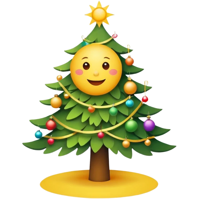 A bright sun next to a decorated Christmas tree, symbolizing summer party and Christmas celebration. Minimal details, flat colors, rounded shapes. emoji