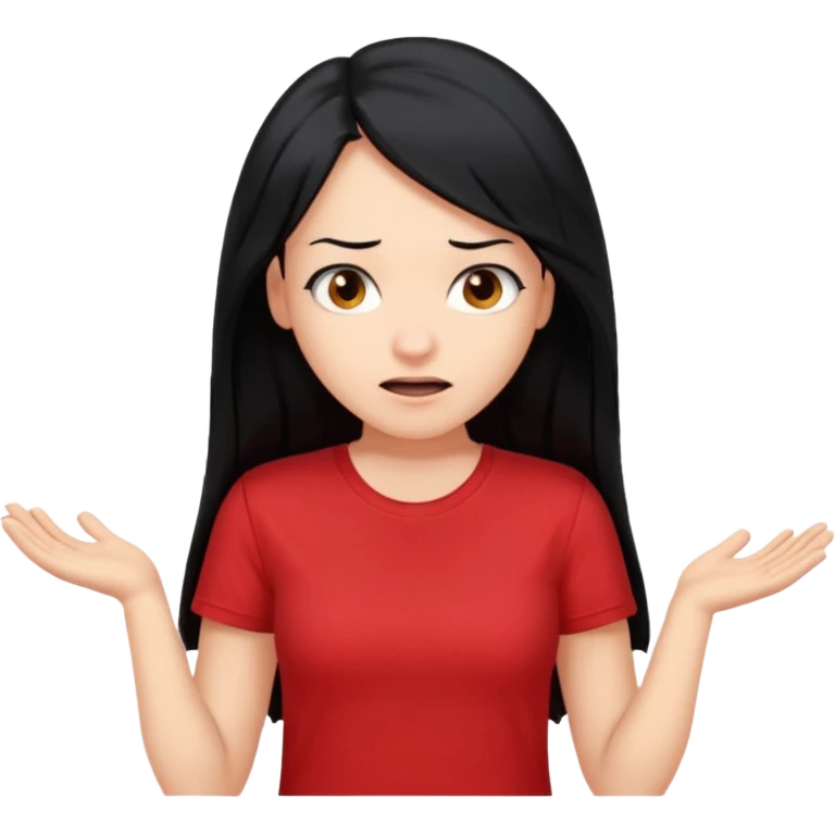 빨간색 티셔츠를 입고 긴 검정머리를 가진 여성이 모르겠다는 듯이 어깨를 올리는 제스처를 하고있음 🤷🏻‍♀️ emoji