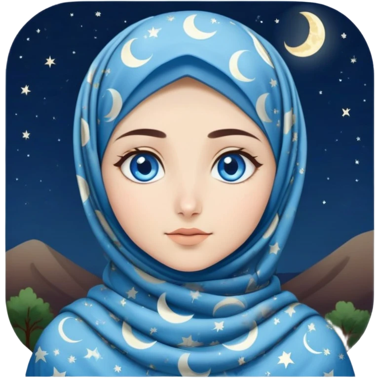 Turkish beautiful finish Konya girl blue eyes with moon patterned hijab dress and watching the moonlight sky on the ground  emoji