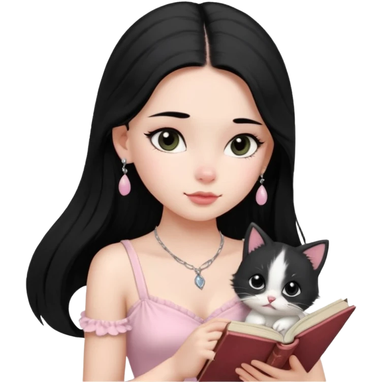 Menina branca ,cabelos cor preta longos, olhos cor preta puxados para cima. Cílios longos, lábios grossos ,nariz pequeno ,vestido rosa claro de alça. Colar e brinco delicado. Lendo um livro com gatinho preto e branco. emoji