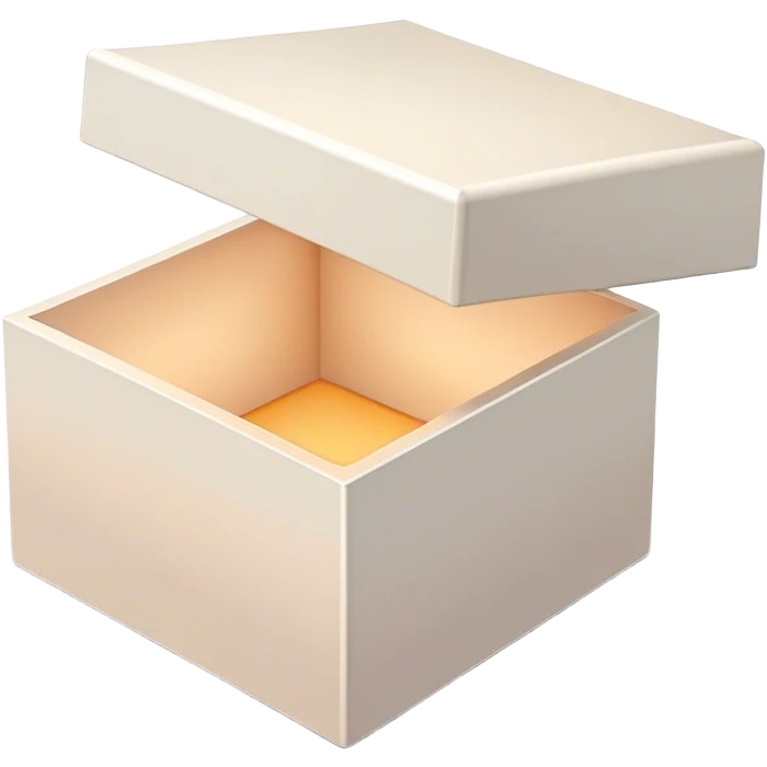 A clean, modern open box with crisp edges and a subtle shadow beneath, slightly tilted for depth. A soft glow or faint sparkles rise from inside, hinting at potential content yet to be added. The design is sleek, flat, and uncluttered, maintaining a light and inviting feel, perfect for an empty state UI. emoji