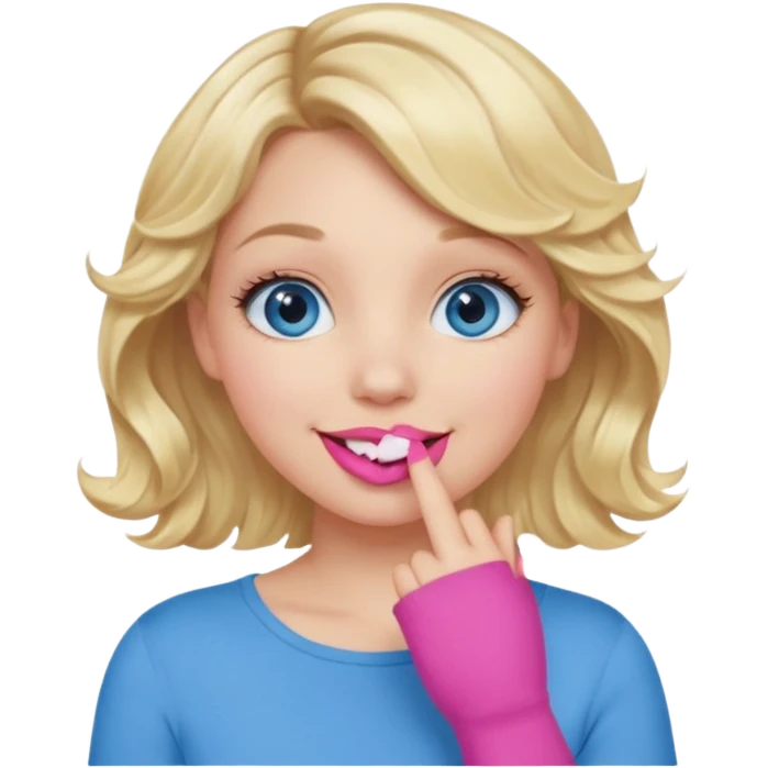 Girl Blonde short wavy hair,  blue eyes, cute blue top, long lashes, pink lips, smiling, hand over the mouth emoji