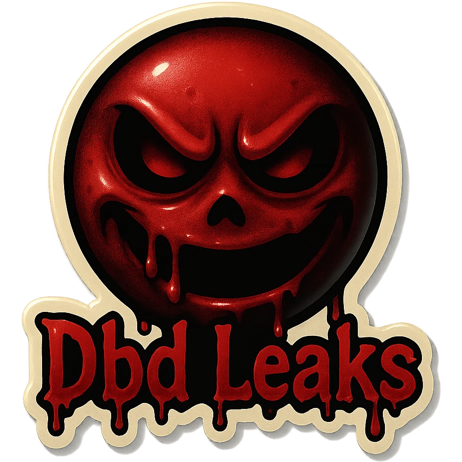 Make the emoji horror themed with creepy, horror elements. Use blood red and black colors. The text 'Dbd Leaks' should look like dripping blood. Keep the background transparent. emoji