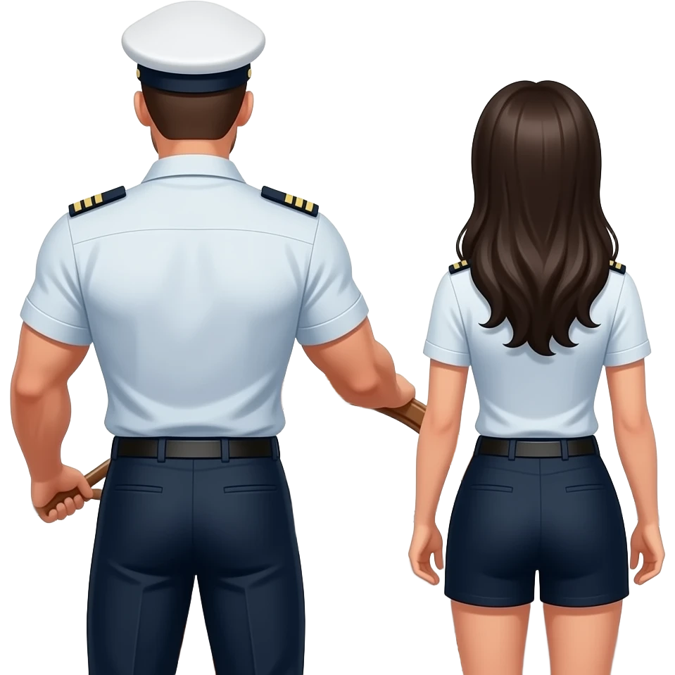 muscled captain and black hair woman captain at the helm of the boat, back view emoji