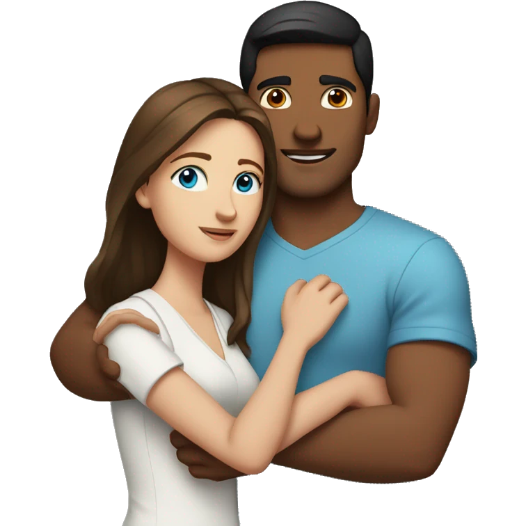 Couple with arms around each other; white woman with blue eyes and brown hair, Indian man with black hair  emoji