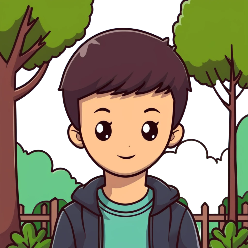 boy with straight short brunette hair brown eyes and tree behind emoji