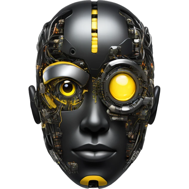 black and yellow cyborg head with circuitry and artificial eyeball emoji