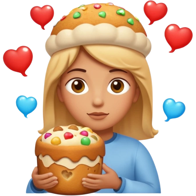 Apple-style emoji illustration of a person with dreamy eyes, and avobe them a thinking bubble with a traditional panettone inside the bubble, small hearts floating around, soft 3D emoji style, smooth gradients, rounded shapes, warm festive colors, simple expression. emoji