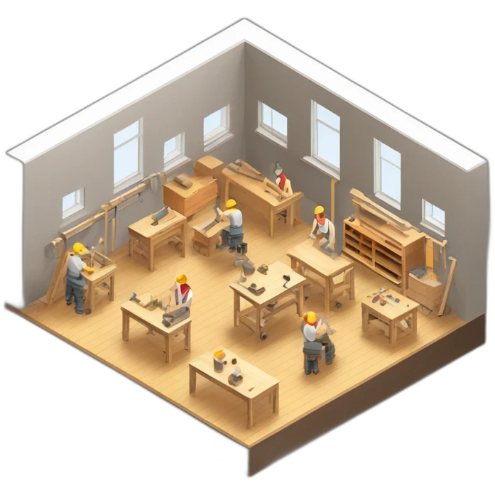 isometric square solid outline border containing indoor creative workshop handmade woodworking factory people actively working cnc machine tools simple clean industrial brutalist emoji