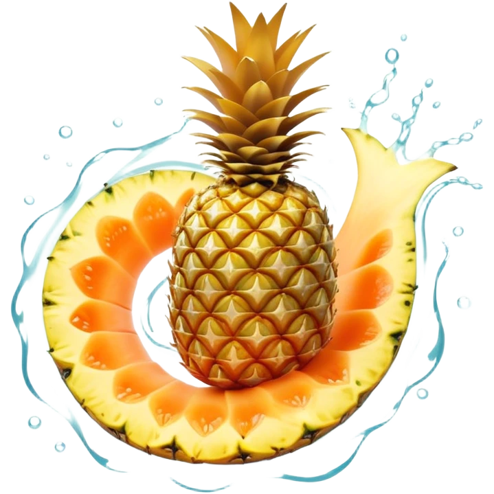 Golden pineapple slices, translucent papaya, and ginger roots floating around a spiraling ethereal stomach. Flowing streams of light moving through the digestive system, dissolving blockages and creating a sense of lightness and clarity. emoji