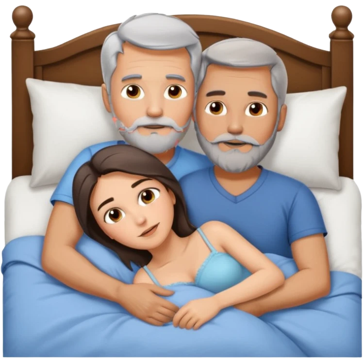 Man with grey hair and beard, and beautiful brunette woman in bed in spooning position  emoji