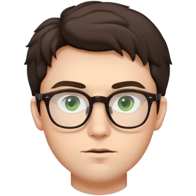 Young man with slightly curled dark brown poofy hair, green eyes wearing glasses, wide face with eyes set apart, bigger ears, pale skin, slightly bigger nose, fuller darker lips, and very light stubble emoji