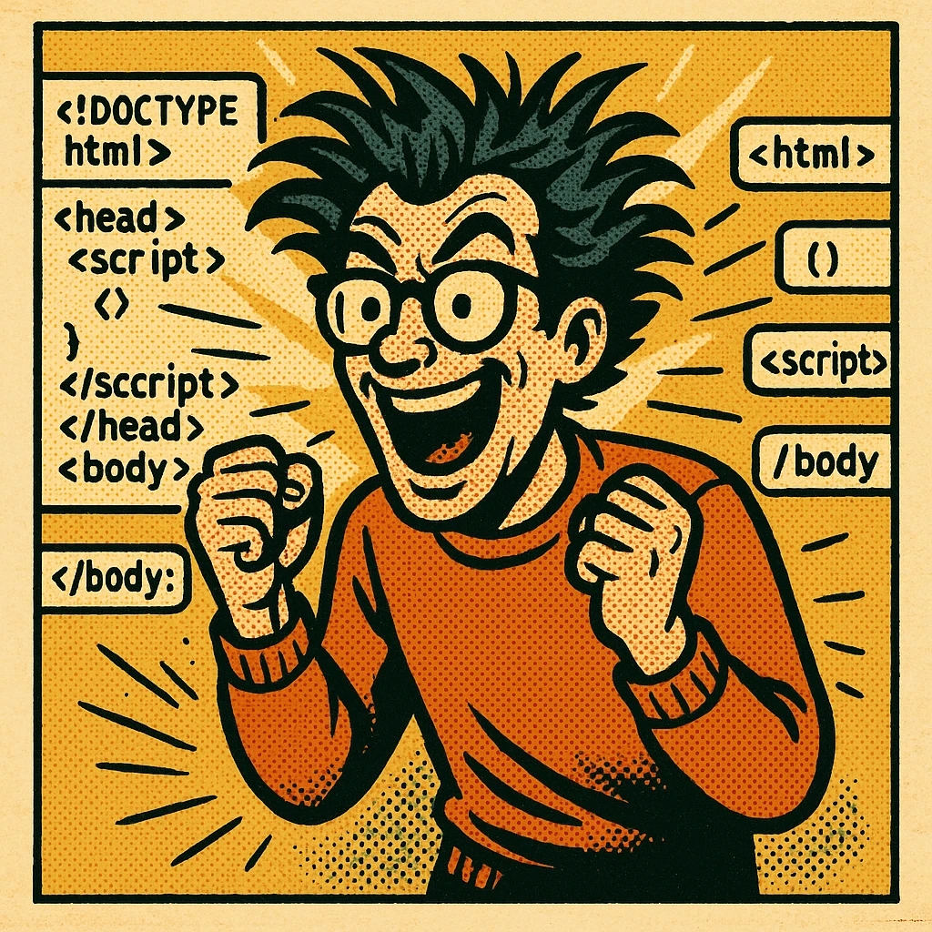 crazy programmer, wild hair, glasses, surrounded by code, energetic expression, cartoon style emoji