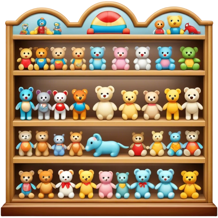 Icon for Toy Collecting: a collection of various vintage toys such as dolls, action figures and plush animals, displayed neatly on shelves or in display cases. The icon should evoke the joy and nostalgia of collecting toys. Transparent background. emoji