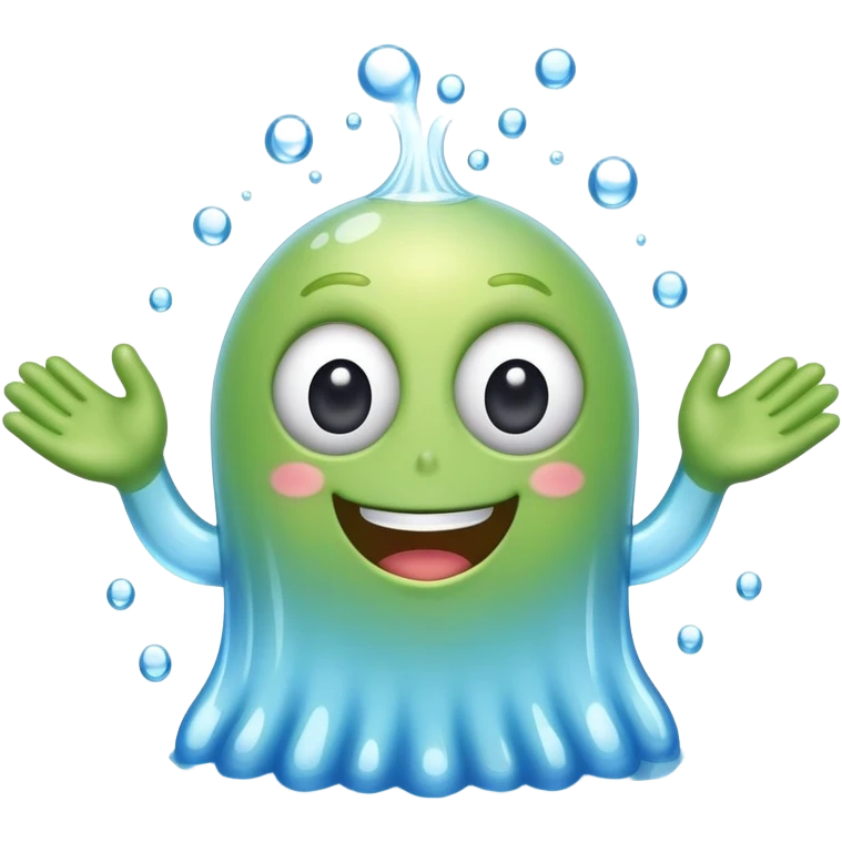 a happy blob of water with googly eyes and long water hands emoji