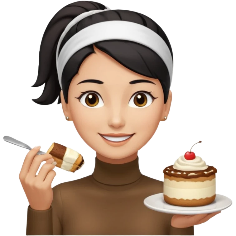  tan skin woman with long face, and short black hair slicked back ponytail with forehead showing, white headband, wearing white turtleneck shirt, eating tiramisu smiling with middle parted hair emoji
