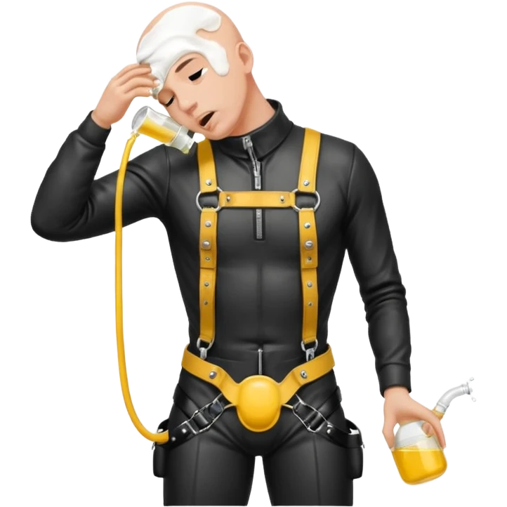 submissive bald man on his knees in a black leather harness standing man in leather, pouring piss down his throat emoji