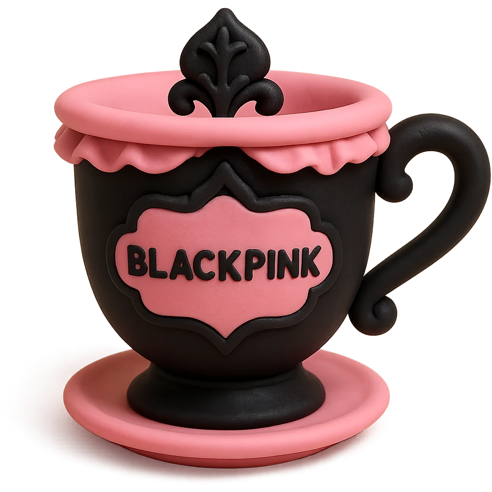 BLACKPINK-inspired gothic teacup, no hearts, sweet and dramatic, black and pink color scheme emoji