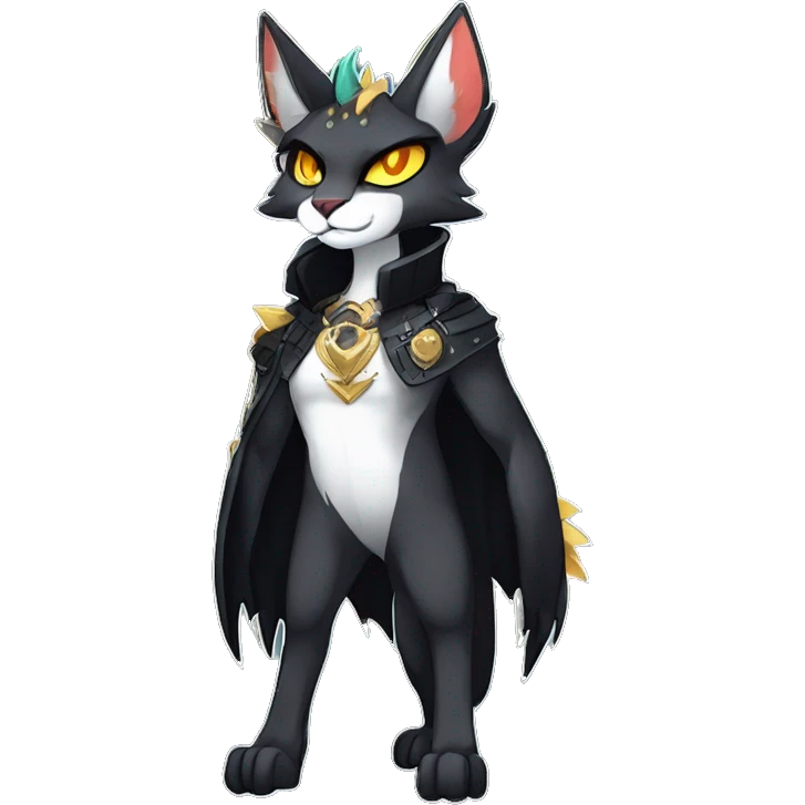 cool edgy evil pretty anthro godly legendary powerful colorful black shiny fantasy elegant nargacuga-bat-caracal-Fakemon wearing a collar, techwear punk style, beautiful mane, full body emoji