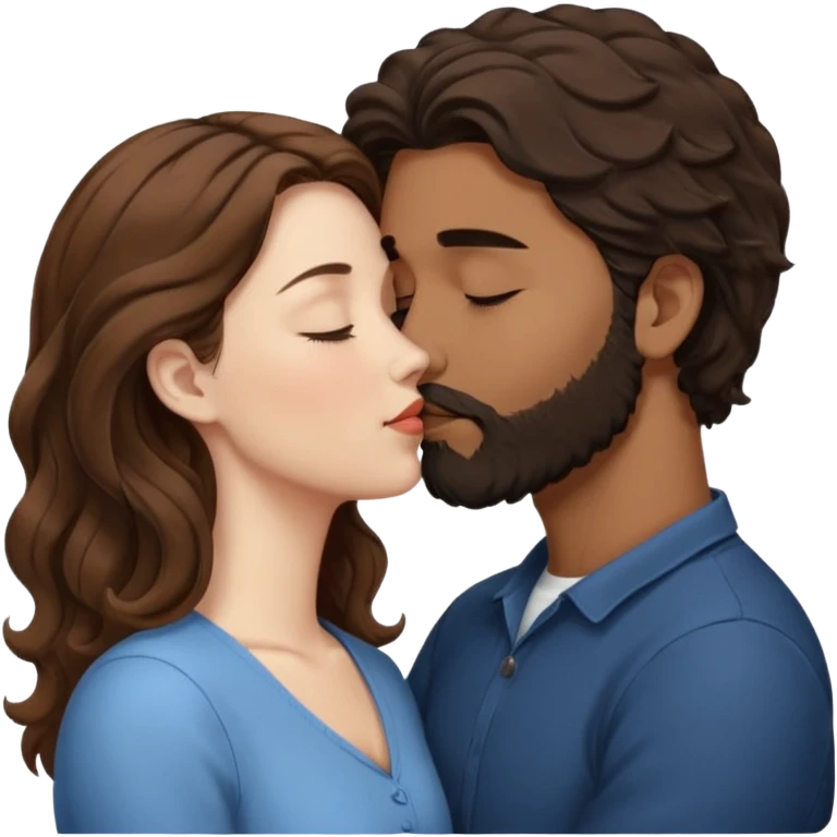 The woman is kissing the forehead of the man, side profile, White woman (brown hair with eyes closed) and brown man with black wavy hair (has a a beard with his eyes closed too). emoji