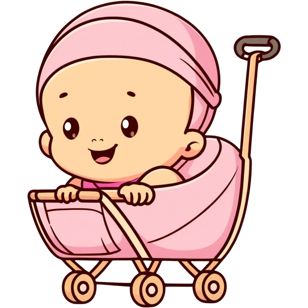 happy baby sitting in a pink gradient and beige stroller emoji