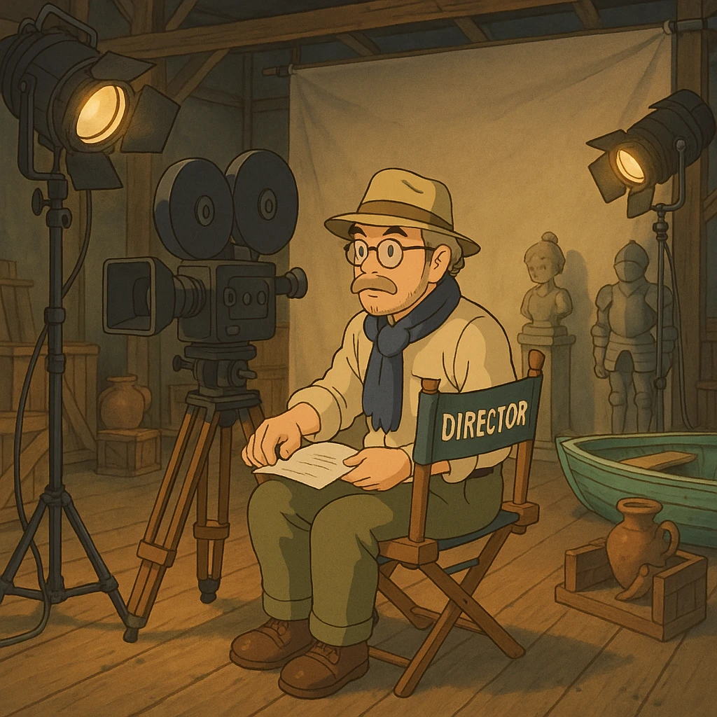 ghibli style movie set with director, spotlights, and props emoji