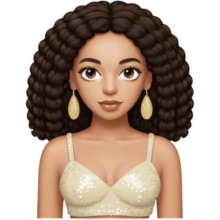 Solange with long dark brown hair, ivory sequin crop top, ivory earring emoji