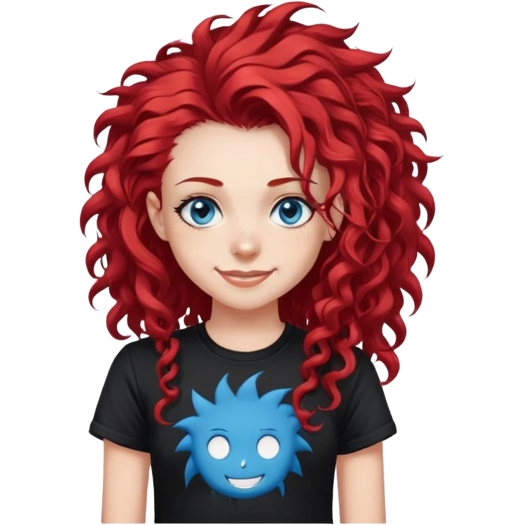 smiling punk-girl with long curly red hair and blue eyes, in a black punk t-shirt emoji