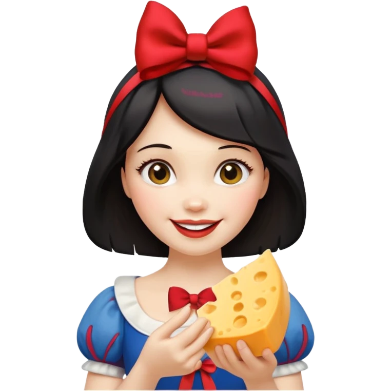  smiling Snow White with red bow ob head holding wedge of cheese emoji