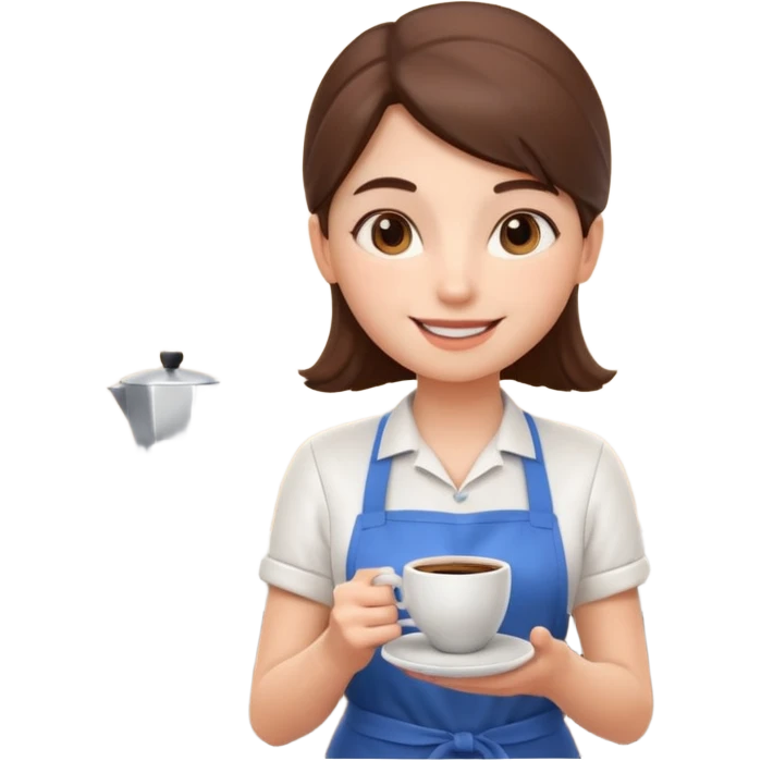 cute barista portrait, head and shoulders only, wearing apron, coffee shop uniform, friendly smile, holding a small coffee cup, 3D cartoon, mobile game icon style, clean background, no text, no watermark
 emoji