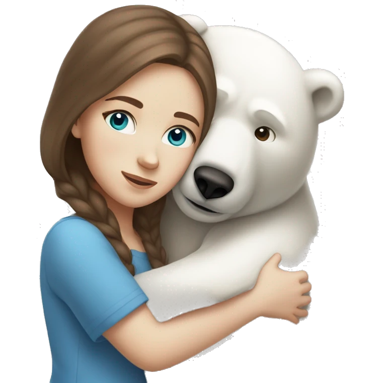 white girl with brown hair blue eyes hugging a polar bear emoji