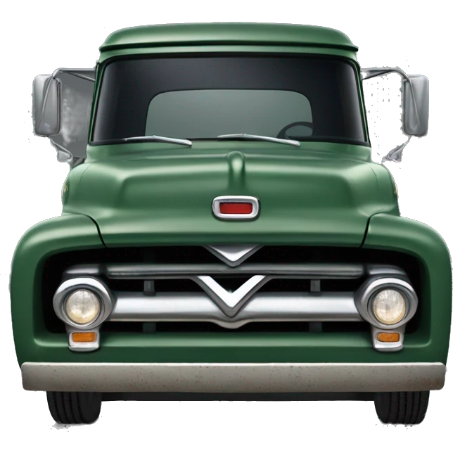 Dark green 1956 Ford F100 Truck with rust on the front emoji
